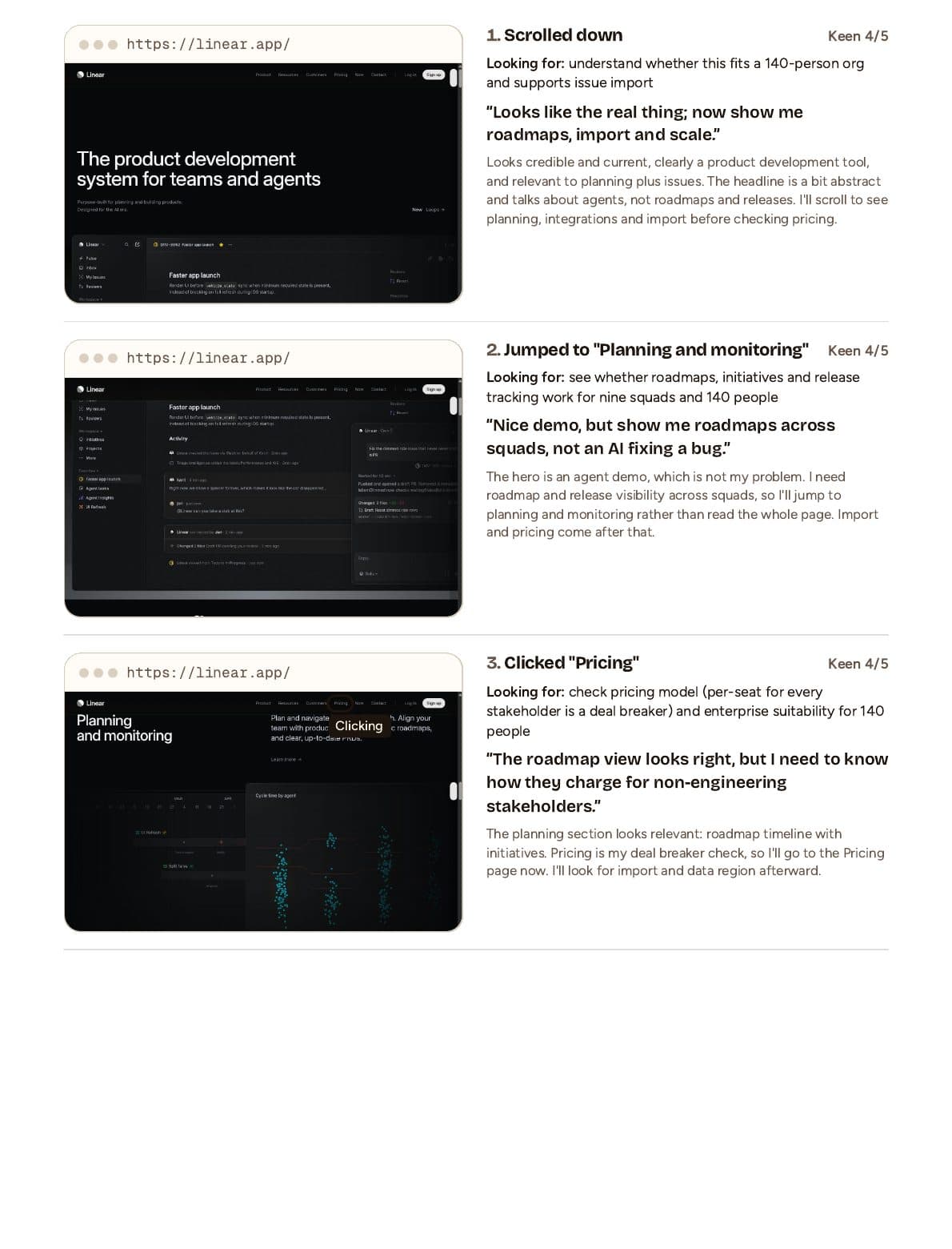 Steps 1 to 3: the home page, the planning section and the click on Pricing, each with a screenshot and the persona's thoughts.