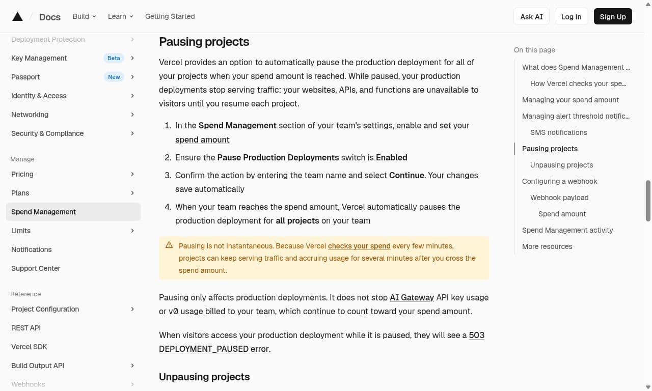 Step 6 of the Vercel visit: spend-management documentation explains production pausing and notes that AI Gateway and v0 usage continue counting.
